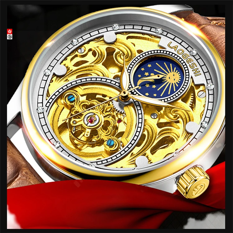 

LAOGESHI L6018A NEW Top Men Mechanical Watch Automatic Fashion Luxury Leather Openwork Carving Waterproof Relogio Masculino Saat