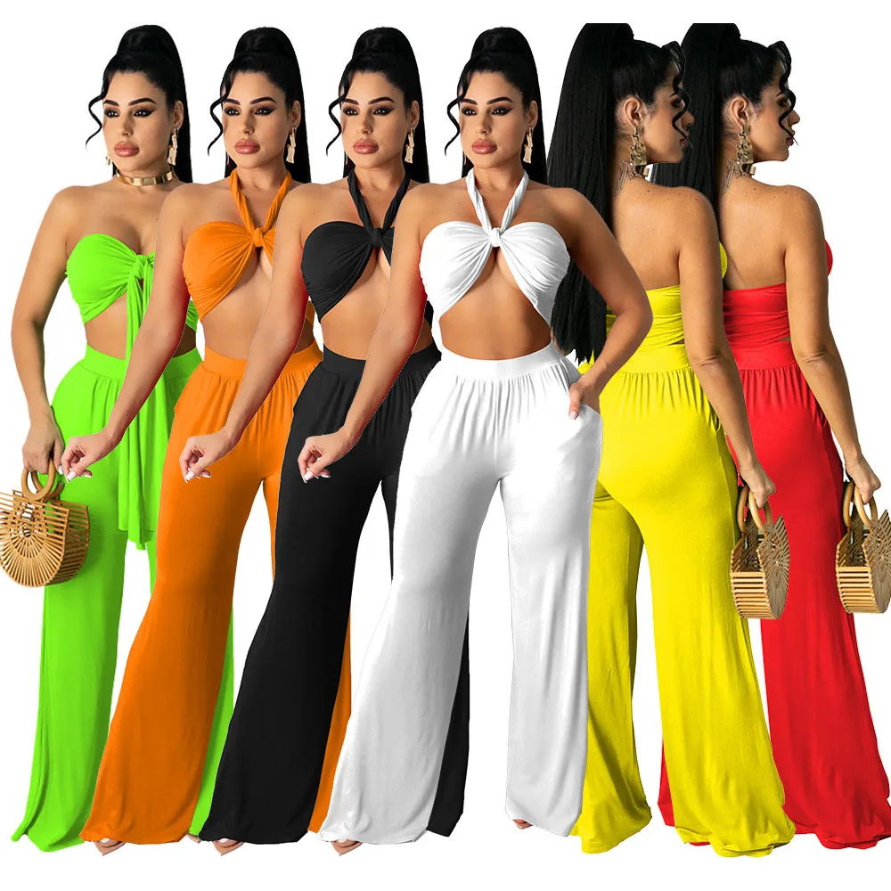 

FS2563D summer bright colours Crop Top Loose Wide Leg Pants Beachwear Swimsuit Vacation Outfit Matching Set solid clothes