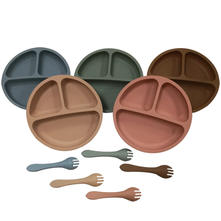 

Custom Divided Toddler Plate Set Baby Dinner Silicone Suction Feeding Plate With Fork, Sage,ether,muted,mustard,apricot,clay,dark grey etc.