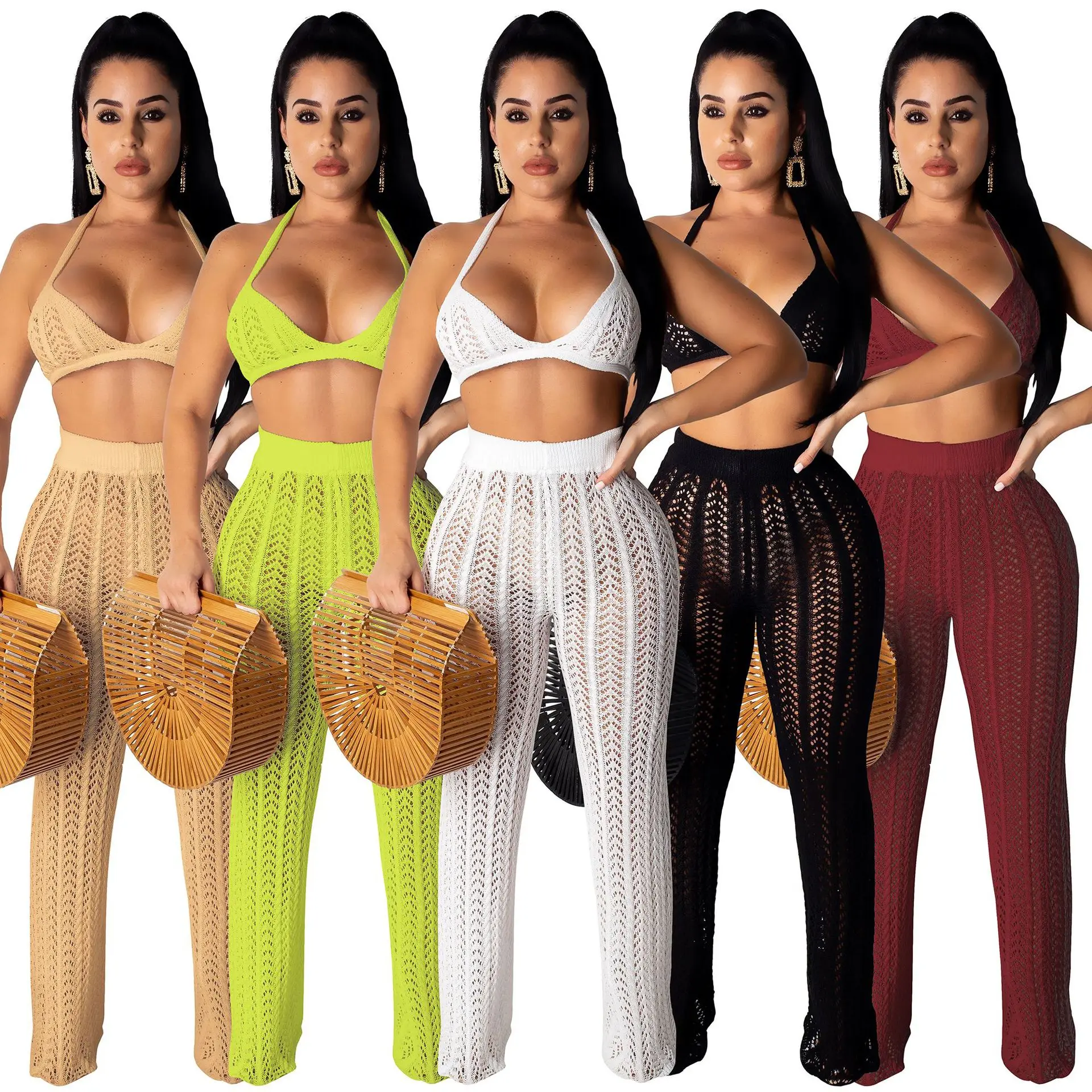 

2021 summer new sexy nightclub hollow-out perspective suit fashion knitted mesh hanging neck bra pants casual two-piece set, Picture