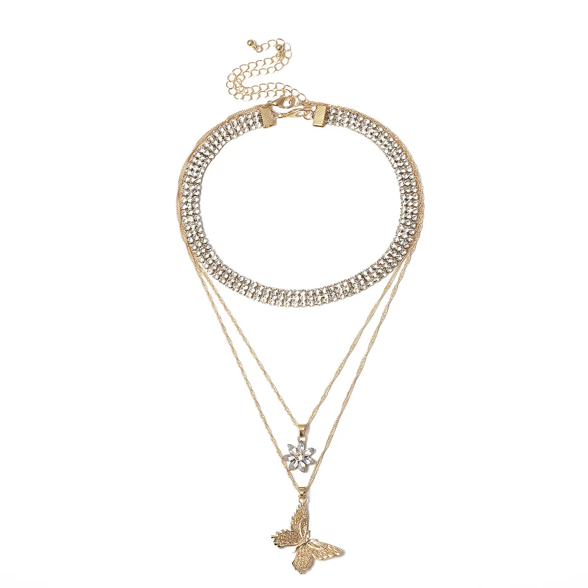 

Simple Luxury Design Multilayered Crystal Choker Butterfly Necklace Twist Chain Flower Hollow Butterfly Necklace