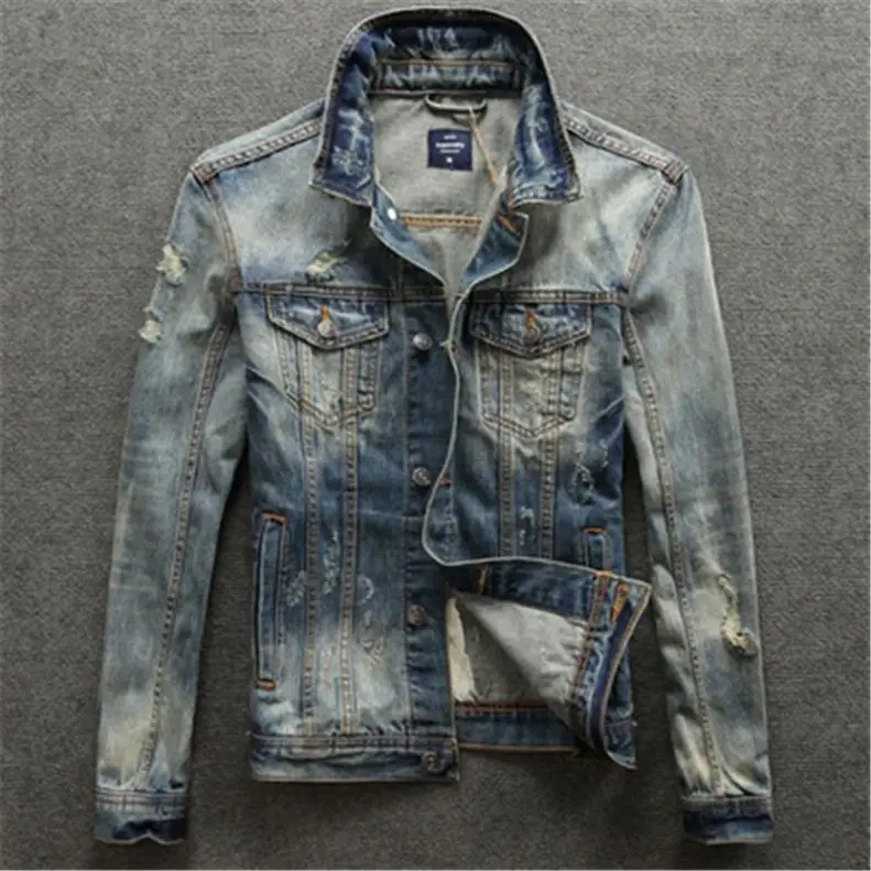 

Teenager Ripped Motorcycle Denim Jacket Men Trendy European Street Light-Colored Slim-Fit Denim Jacket