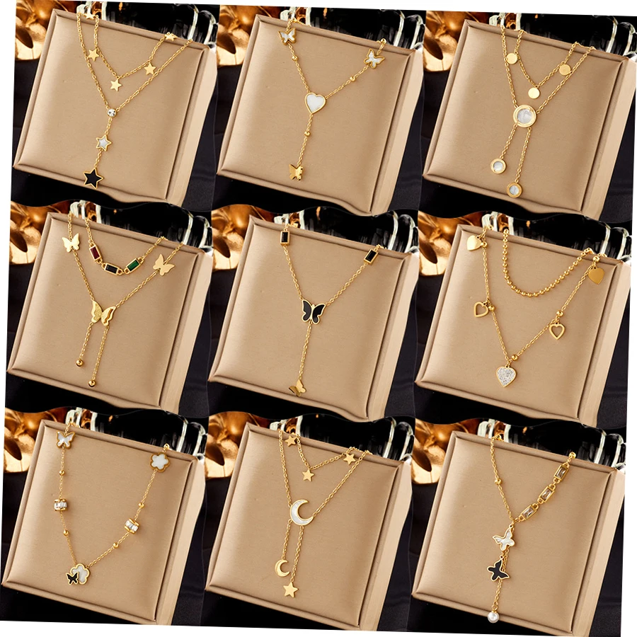 

2023 Trendy Gold Plated Stainless Steel Chunky Layered Y2K Goth Butterfly Sun Moon Link Choker Necklace for Women Girl Jewelry