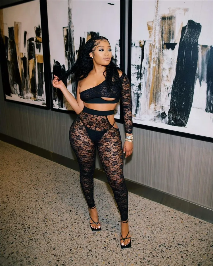 

New Sexy Ladies Lace Outfits One Shoulder Crop Tops See Through Club Spring Women Two Piece Pants Set, Picture