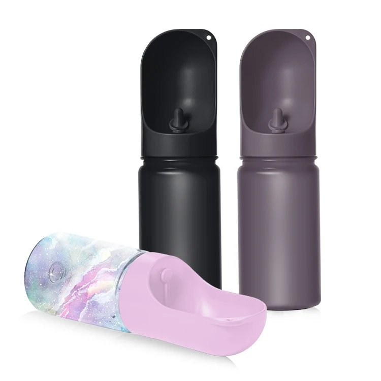 

350ml 2 in 1 Pet products for walking portable plastic travel recycling dispenser outdoor Pet dog stainless steel water bottle, Customized color