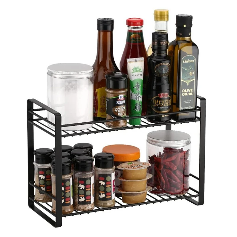 

Multifunctional cosmetic storage rack countertop 2 tier black metal kitchen spice rack organizer