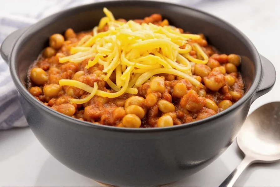 Finished chili mac crock pot dish served in bowl with cheese topping and garnish