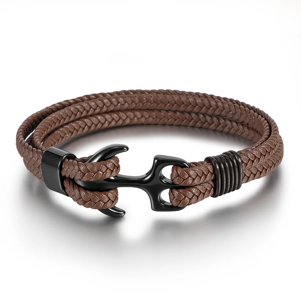 

Men's charming leather rope stainless steel multi-layers cowhide anchor rope bracelet leather
