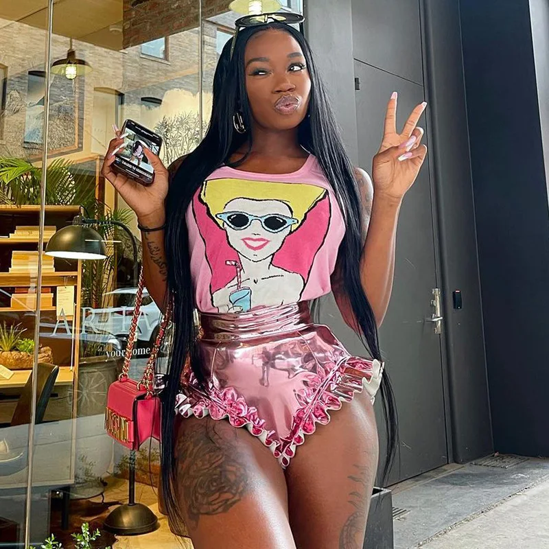 

2021 summer ruffle hip pop streetwear high waist shinny Club women Shorts pants
