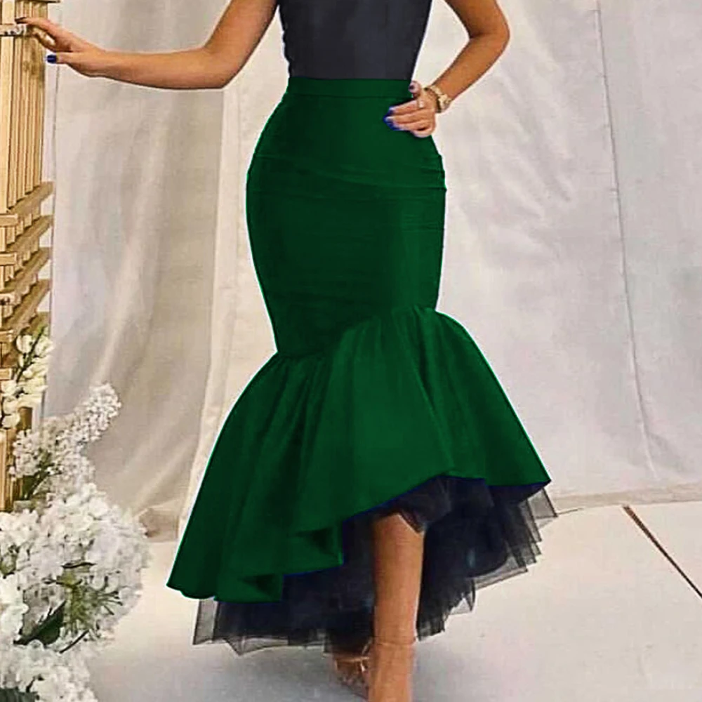 

Fall Chic Ruffle Tulle High Waist Maxi Mermaid Large Size Lady Skirts, Green blue
