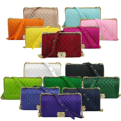 

2021 Fashion luxury rainbow hand bags chain lady colorful candy pvc bags hand bags ladies jelly purse