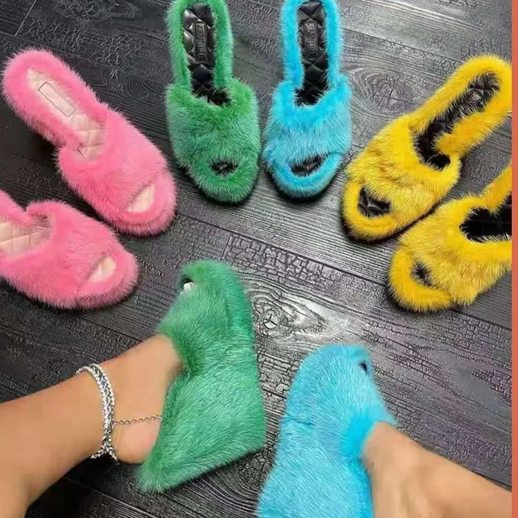

Women Fashion Trend Casual Pure Color Height Increasing Slope Heel Plush Slippers Outdoor High-heeled Soft Fur Slippers, Yellow,green,blue,black,pink,leopard print