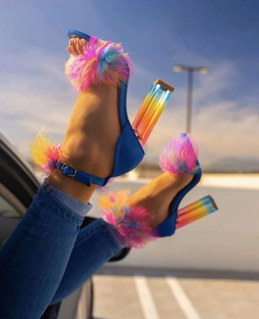 

2020 Women Fashion Fur Sandals With Large Size Buckle High Heels Sandal Sexy, Blue