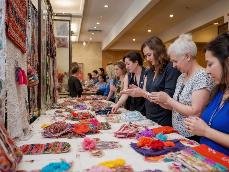 Shoppers examining hand-stitched textiles at community craft fair