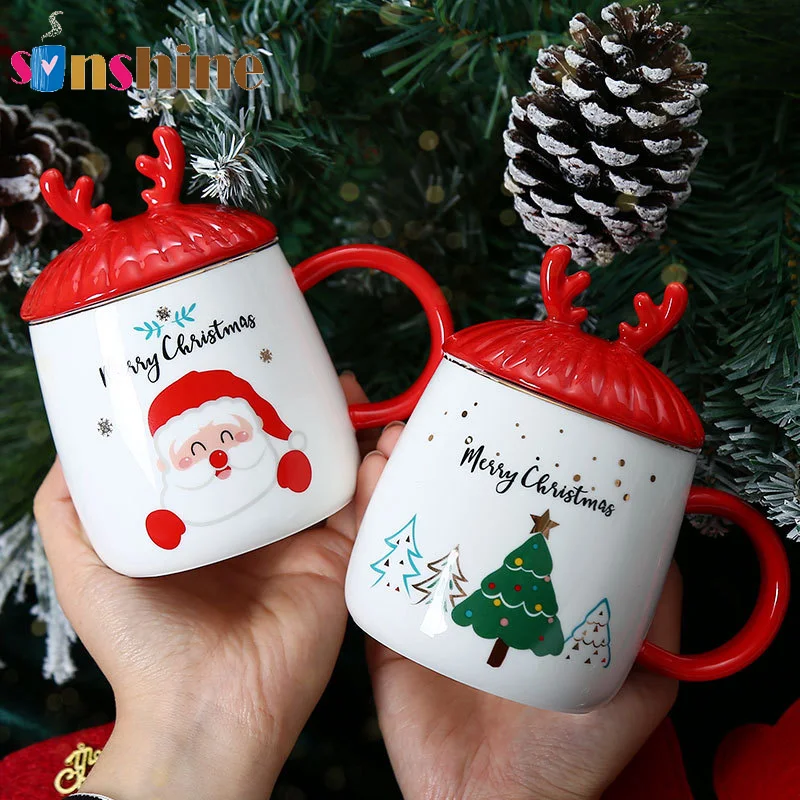 

Unique Design 3D Cartoon Ceramic Coffee Cup Red Merry Christmas Mug With Lid Spoon