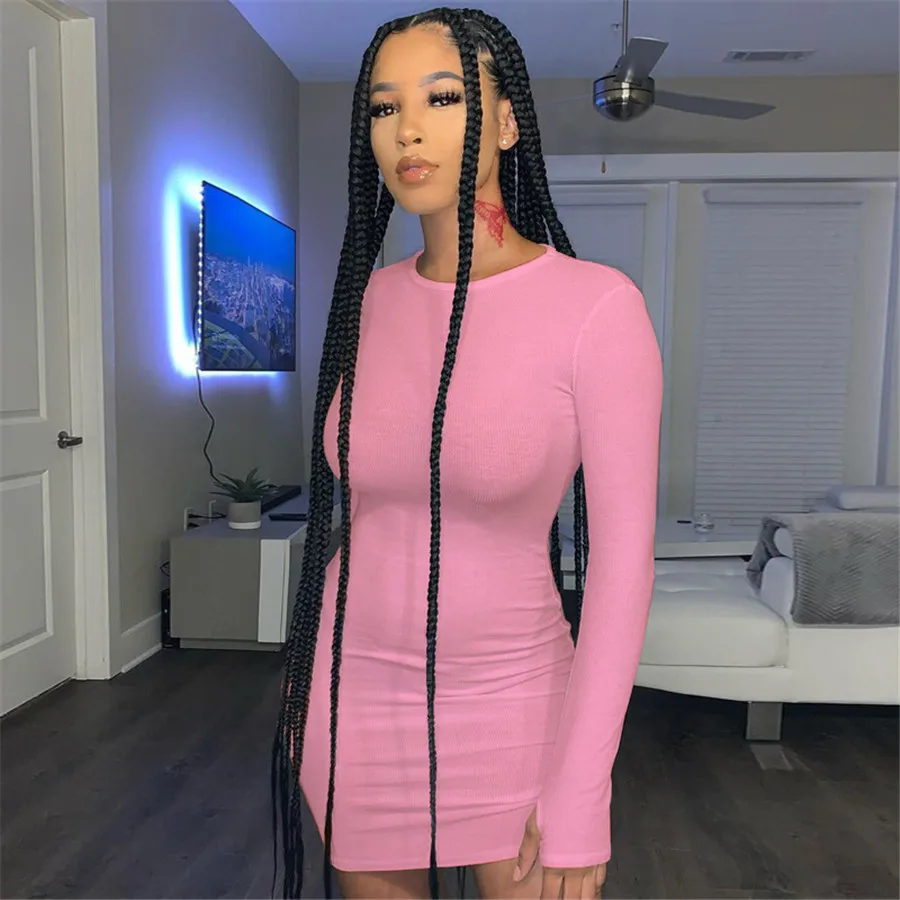 

DFWEAR 2021New Bodycon Simple Ribbing Package Hip Vogue Finger Hole Casual Mini Dress Solid Elegant Women Clother