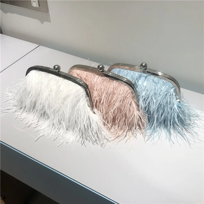 

fashion unique design turkey feather pearl clutch evening bags ostrich plush chains shoulder party bags women handbags ladies, Pink, blue, white