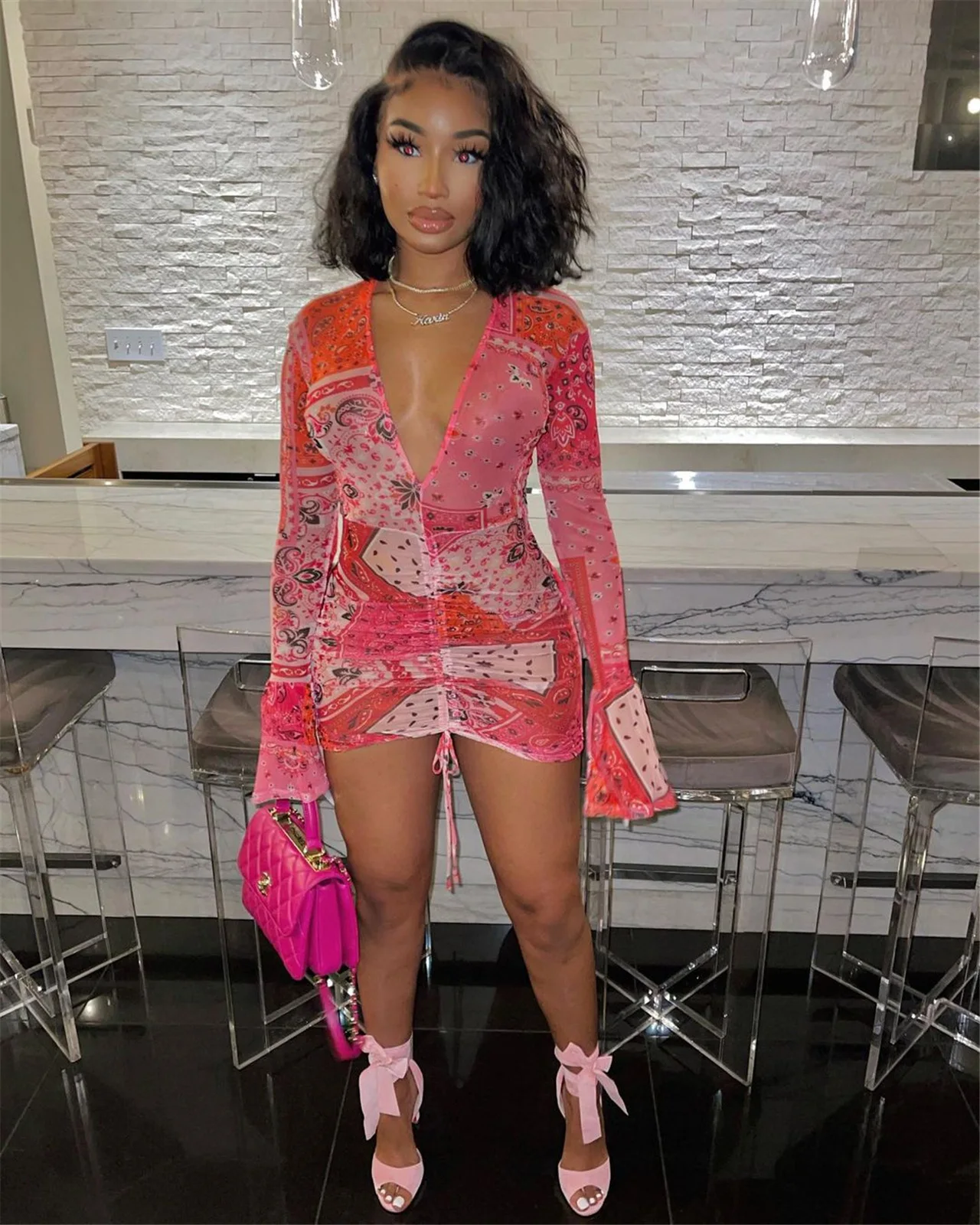 

H6112 - Fashion Sexy Mesh Long Sleeve Printed Drawstring Women Dresses