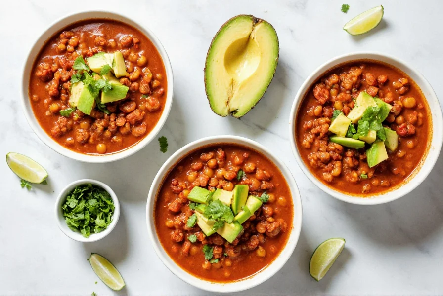 Three different bowls of pineapple chili served with various toppings including cilantro, avocado, and lime wedges