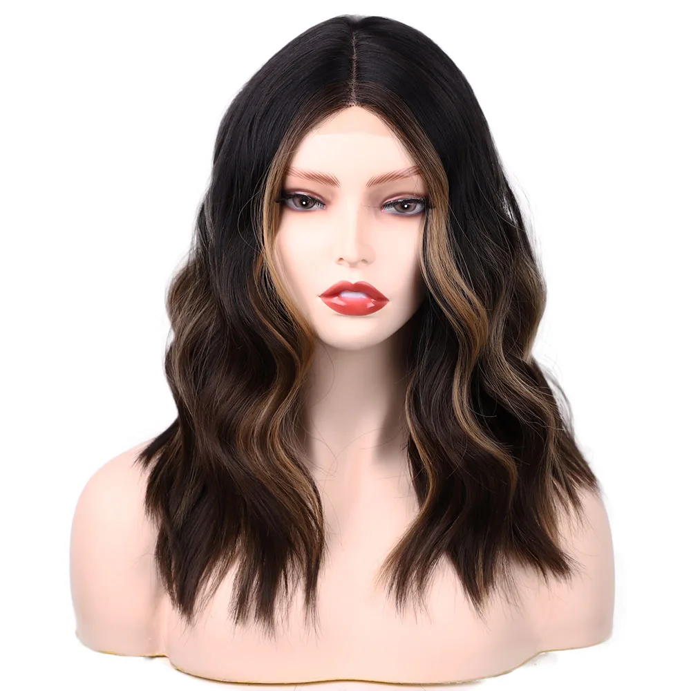 

Highlight Ombre Lace Front Bob Wigs 1B/27# Color 14inch Synthetic Short Body Wave Wigs for Women Remy Hair Brown Blonde
