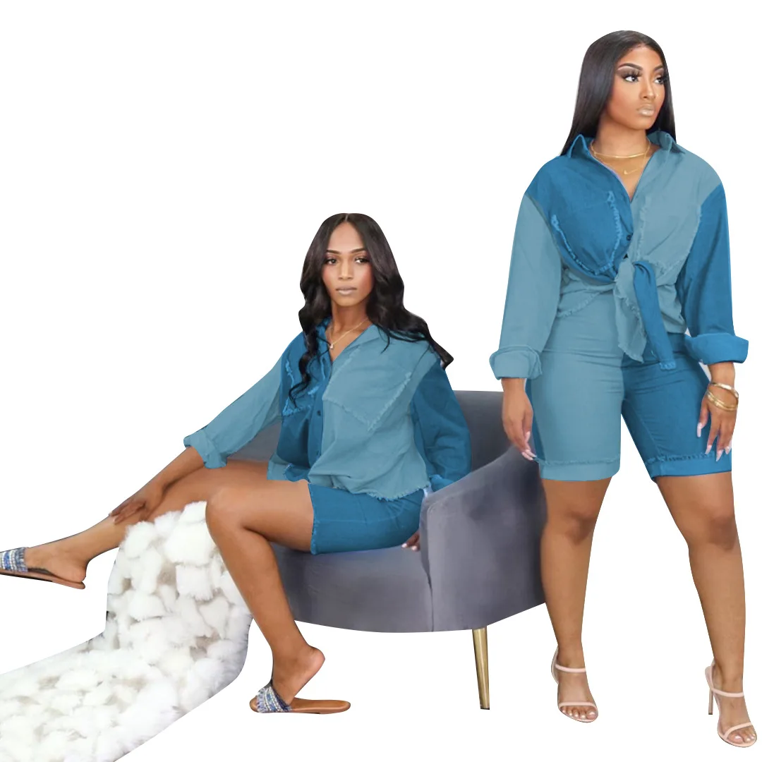 

2021 new plus-size Womens fashion long-sleeved Denim jacket retro stitching washed denim shorts set
