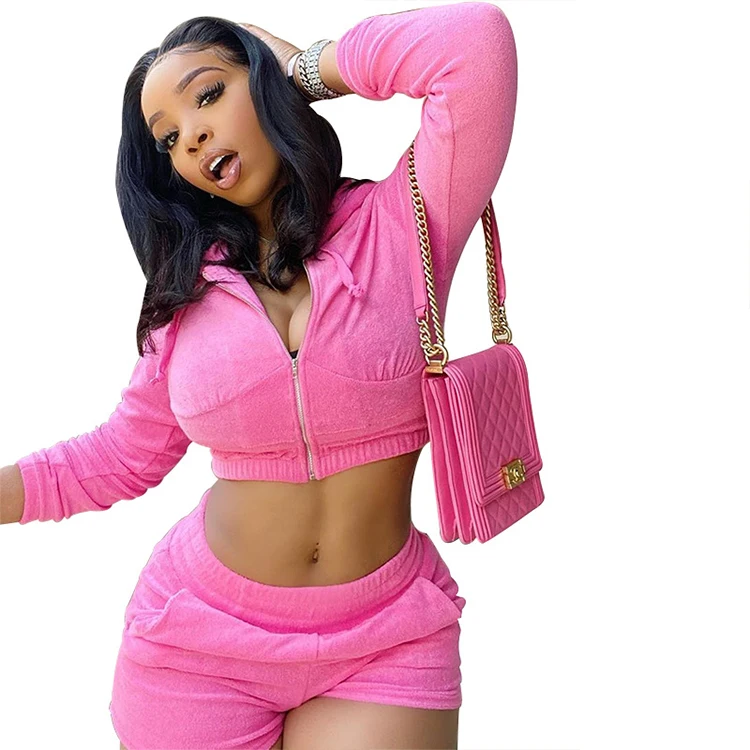 

Autumn Sportswear Casual Solid Color Crop Top Velvet 2 Two Piece Hoodie Short Sets Women Clothing, Apricot / camel / gray / pink / rose red