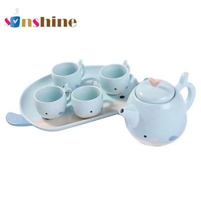 

New Japanese Style Cartoon Ceramic Whale Teacup Teapot Set With Handle Tray, Picture