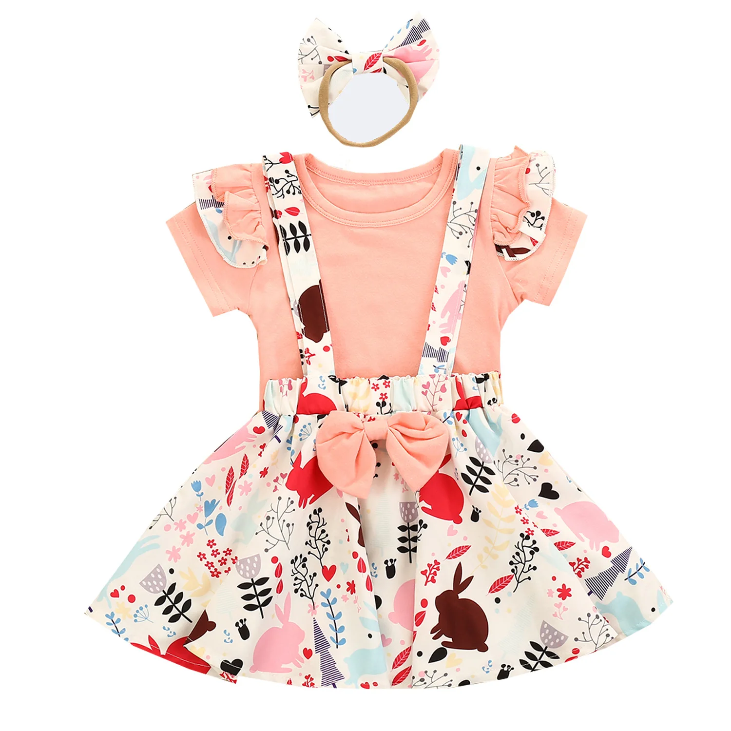 

Toddler Baby Girl Clothing Set Ruffle Sleeve Suspender Skirt Headband 3 Pcs Sets Dress Clothes, Pink