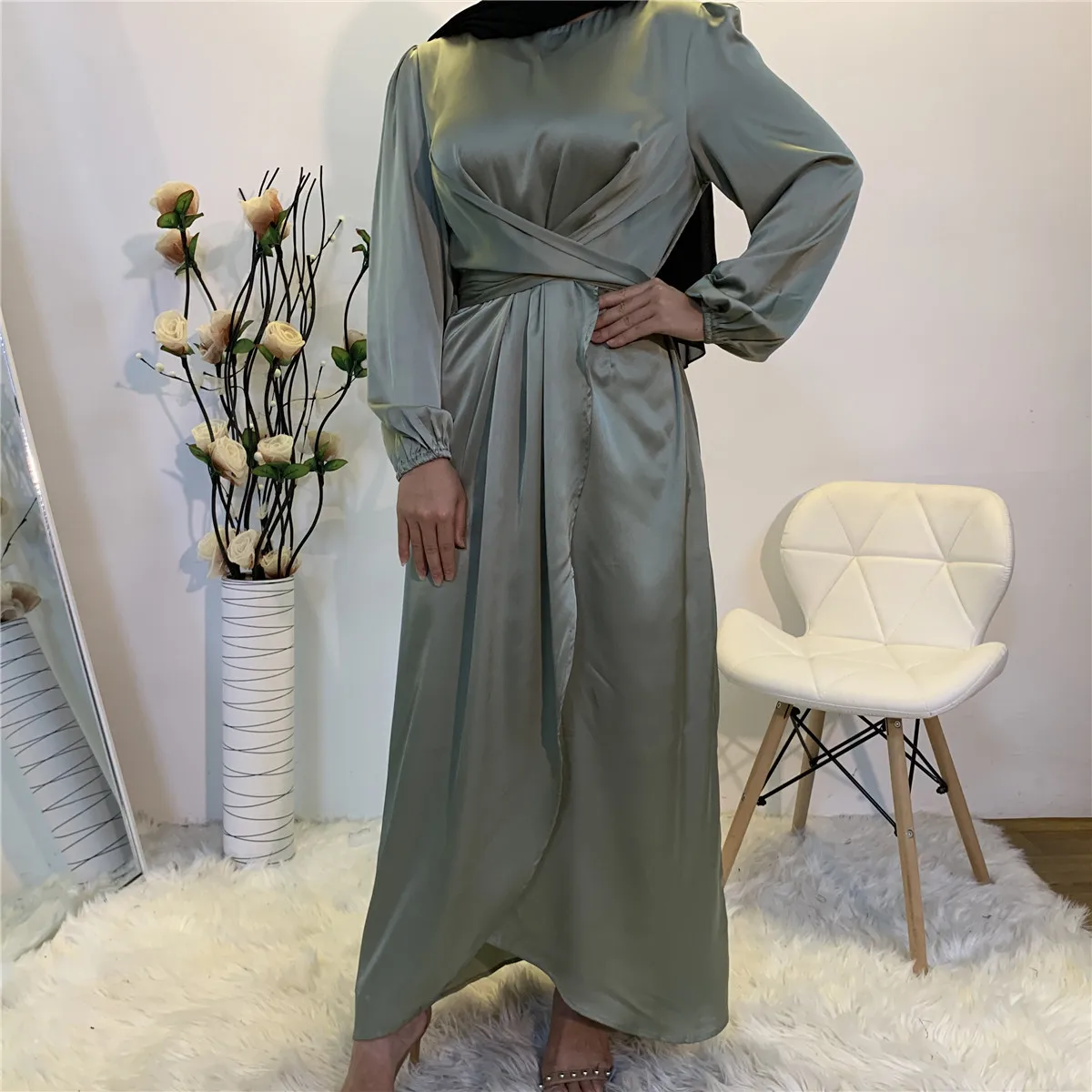

0646 MuslimQLO fake two straps to wear French Middle East Dubai dress muslim clothing abaya muslim dresses, Green, black, pink, gold