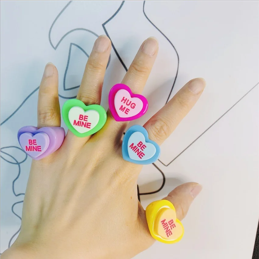 

New Arrival Summer Pink Love Heart Resin Rings English Letter BE MINE Rings For Women Girls Party Gift