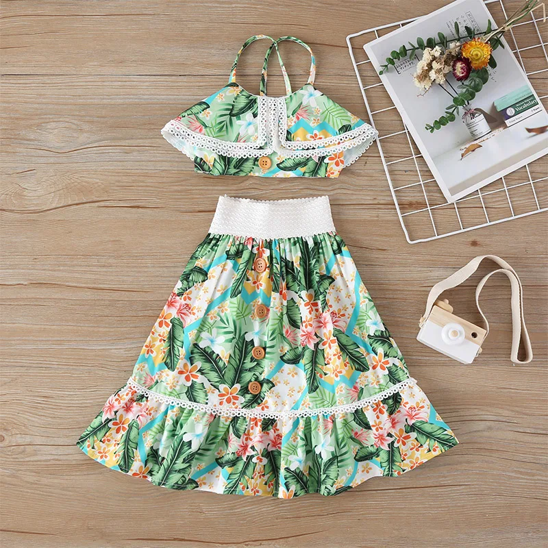 

Holiday Infant Kid Baby Girls Clothes Sets girls Floral Crop Tops Long Skirt Outfit kids summer printed leaf Clothes set, As picture