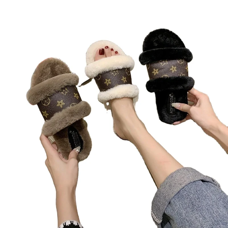 

Fashion Slipper PU Winter Soft Plush Flat Women House Slippers Fluffy Faux Fur Slippers, Customized color