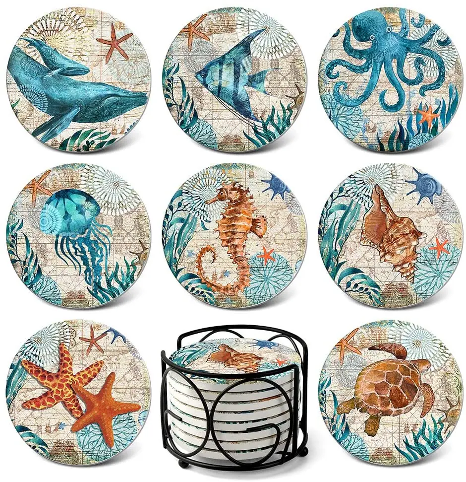 

Amazon hot selling Absorbent Ceramic Coasters 4" Diameter Drink Round Water-absorbent Quick-drying Coaster Sea Turtle Ocean