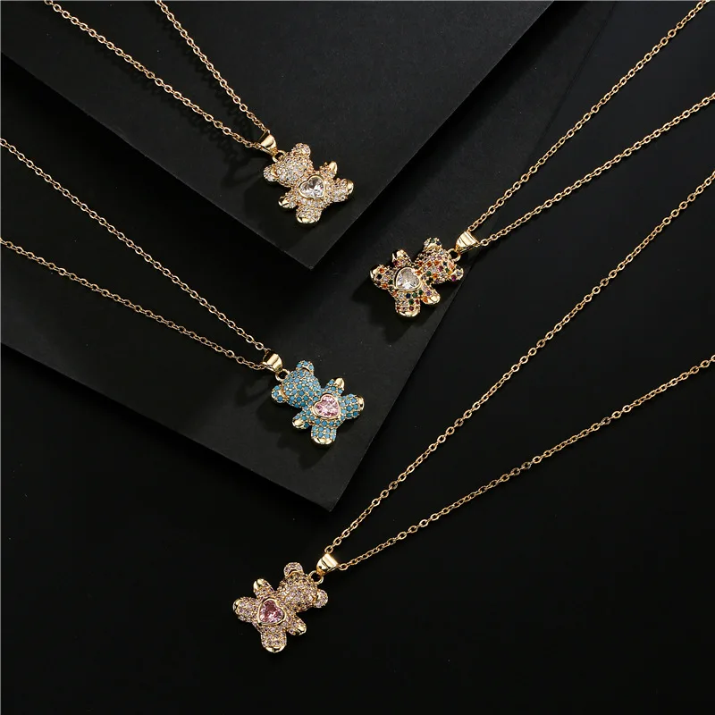 

Wholesale Cute Animal Bear Charm Pendant Necklace Jewelry Brass 18K Gold Plated Bling Cubic Zircon Teddy Bear Necklace, 4 color to choose