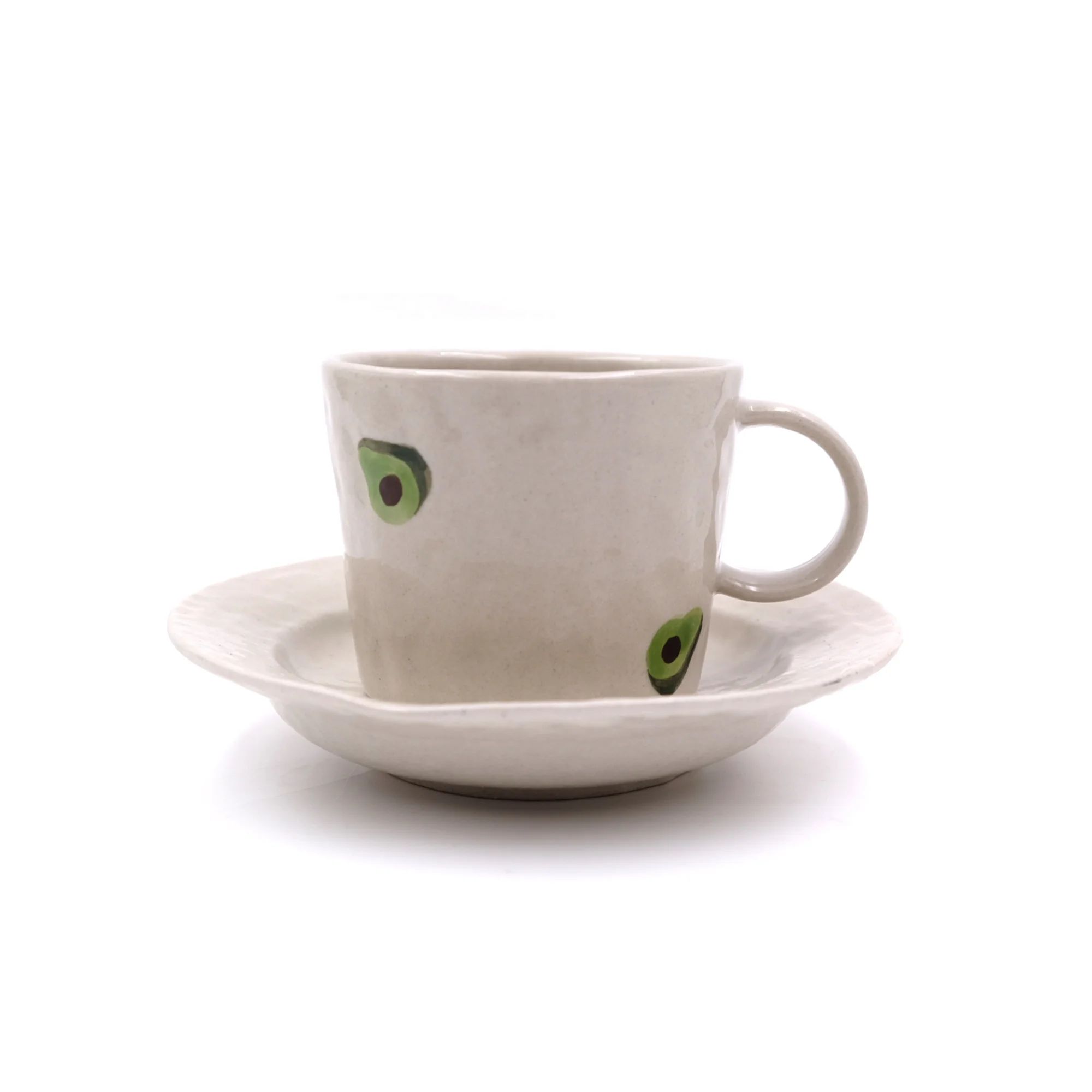 

CUSTOM Handmade Hand-painted avocados cute coffee cup with tray, White+green yellow colour