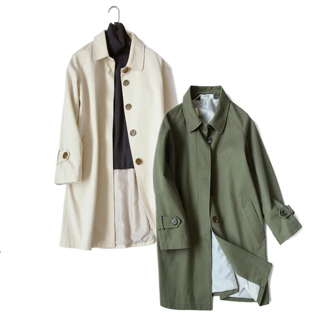 

Elegant style 100% cotton double-breasted long trench coat women, Green/beige