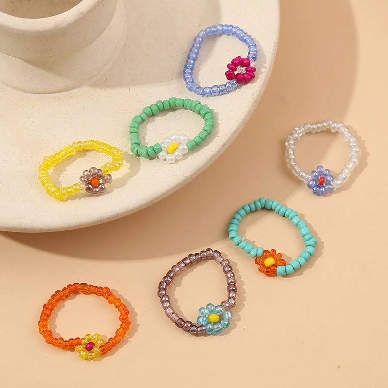

Multi-color Small Flowers Rice Beads Ring For Women Girl Jewelry Boho Geometric Stretch Circle Crystal Beaded Ring, As pic