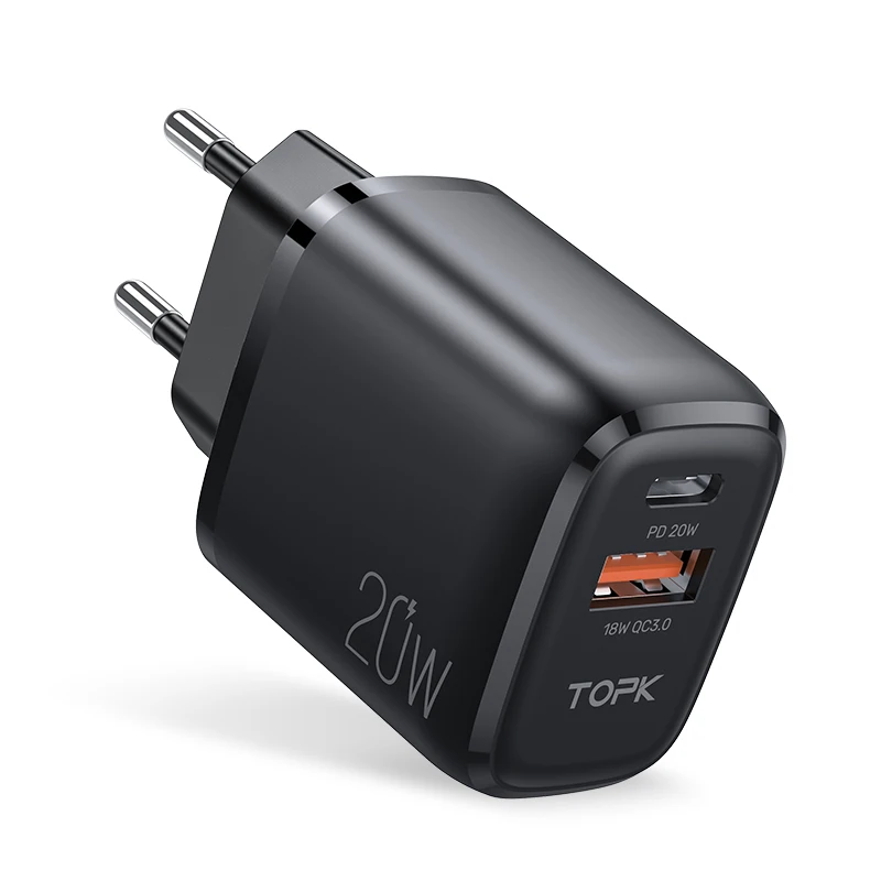 

2021 New Arrivals TOPK B210P 20W USB C Wall Charger Portable Mobile Phone Fast Charger for iPhone 12, Black/white