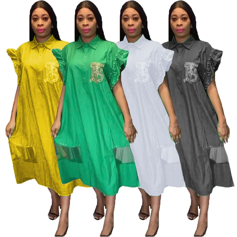 

2021 african ladies causal shirt dress beaded style solid color mid calf length short shirt dress