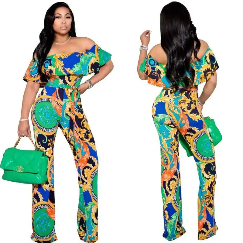 

One Pieces Strapless Elegant Slash Neck Ruffled Jumpsuit With Floral Printed, As picture or customized make