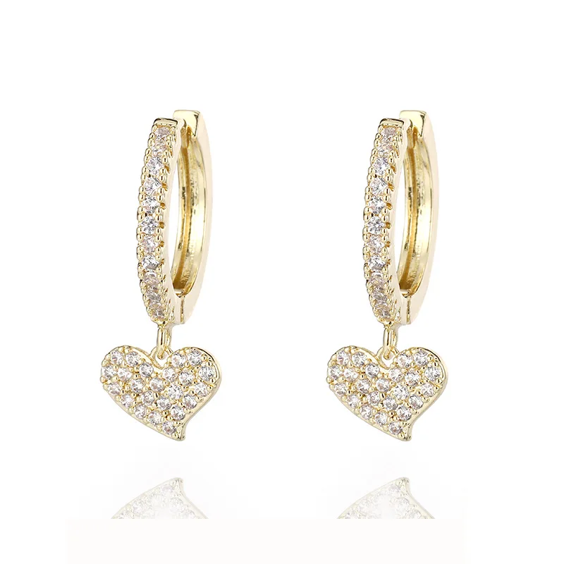 

Fashion Women Jewelry Real Gold Plating Zirconia Crystal Heart Drop Earrings Shining Full CZ Cubic Zircon Heart Huggie Earrings