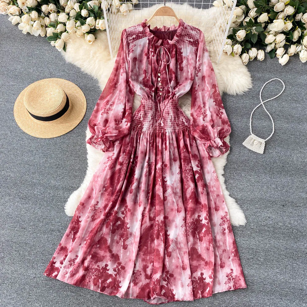 

Women's long cotton dress elegant printed French dress with thin waist bubble sleeves and super fairy large swing long skirt, Multiple colors