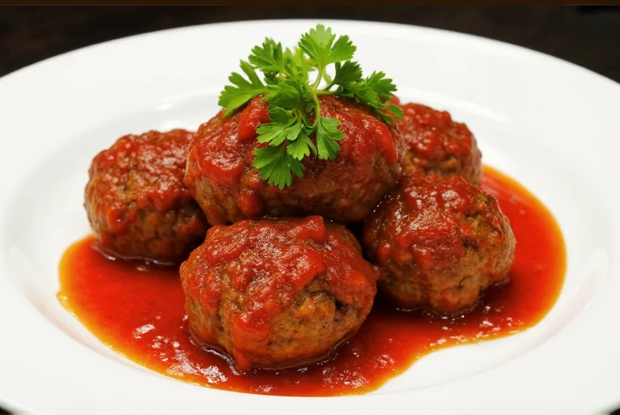 Grape jelly chili meatballs served on white plate with fresh parsley garnish