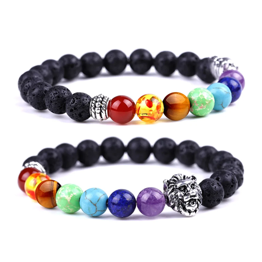 

Fashion Men Women 7 Chakra Lava Rock Stone Diffuser Lion Head Bracelet