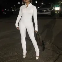 

8233 High Quality Thick Material White Jumpsuits Women Sexy Skinny Long Sleeve Zippers Cute Jumpsuit Ladies Stretch Streetwear