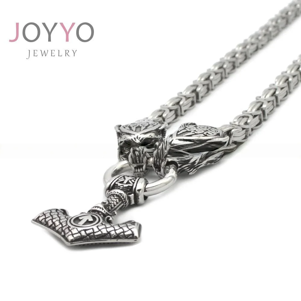Nordic Style Wolf Head Design Viking Jewelry Amulet King Chain Viking Pendant Necklace with Valkenut Pendant Chain Necklace