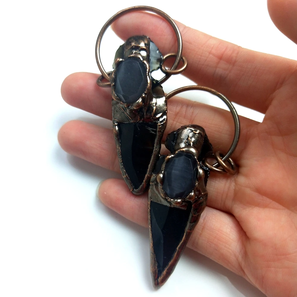 

2021 European and American Jewelry Rock Stone Pendant Necklace Antique Bronze Plated Point Charms Women Men Black Obsidian Set