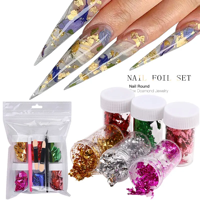 

Aluminium Nail Foil Set with Tweezers Pusher Transfer Foil Sticker Irregular Silk Mix Colors 3D UV Gel Nail Art Decorations Kits, Different as picture