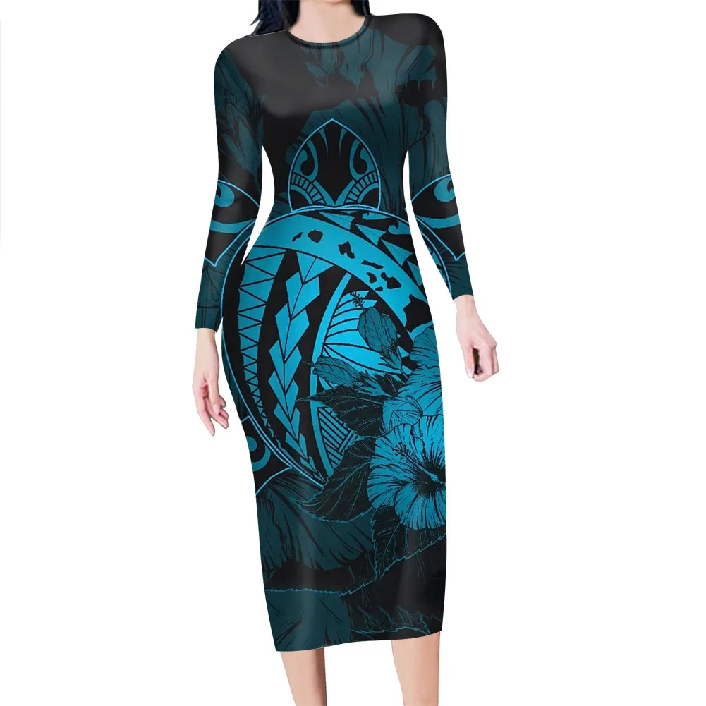 

2021 Hawaiian Samoan Polynesian Tribal Designs Print Plus Size Clothes for Women Sexy Bodycon Long Sleeve Dresses for Holiday