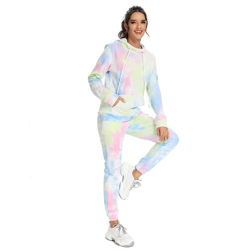 

High Quality Women Long Sleeve Athletic Wear Casual Gym Tie-dye Hoodies and Long Pants Sets